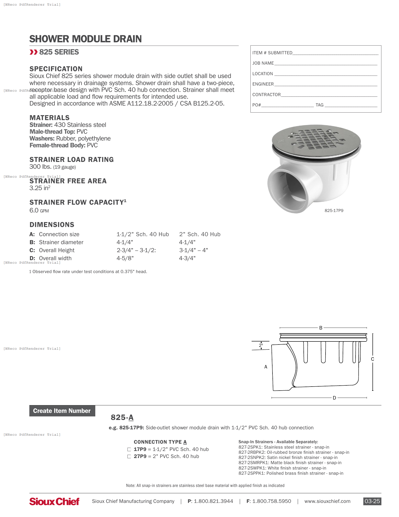 825 SERIES - SIDE-OUTLET SHOWER MODULE DRAIN - SPEC SHEET.PDF Specification Document